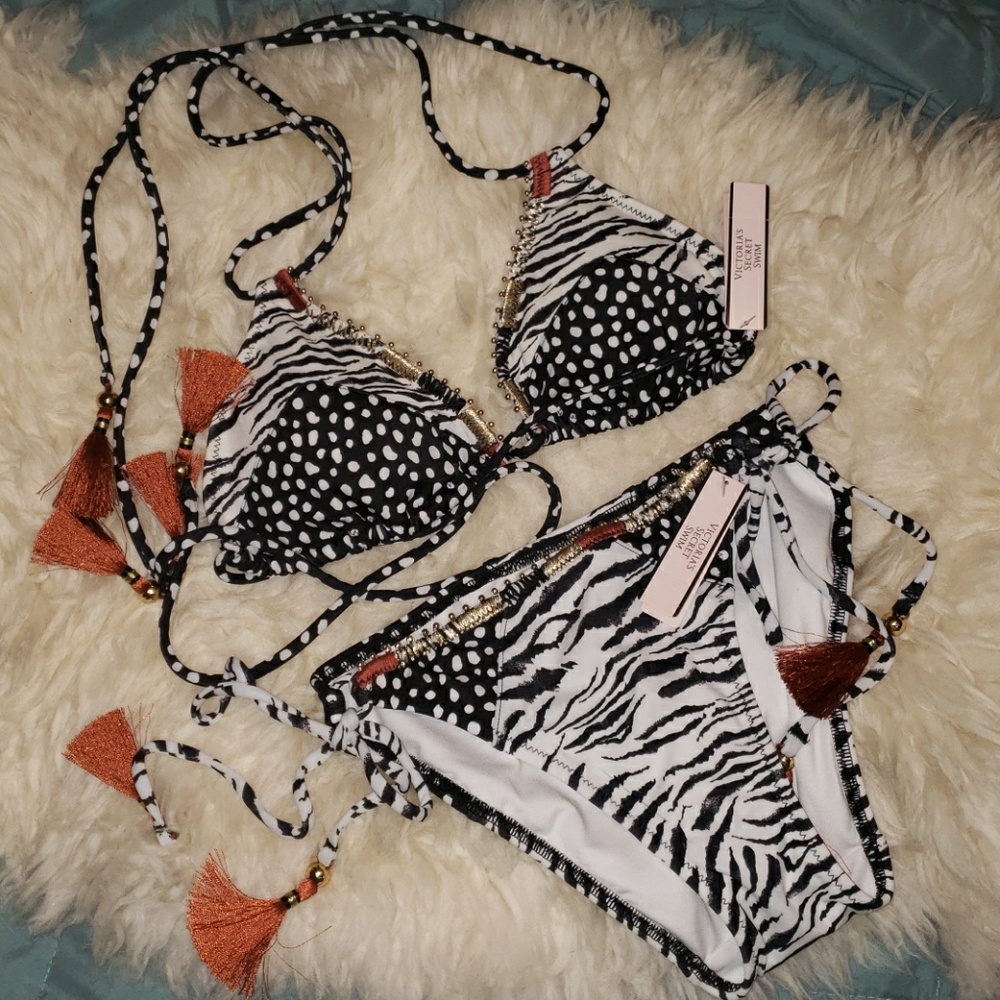 NWT VS zebra/dot print mix side tie bikini set